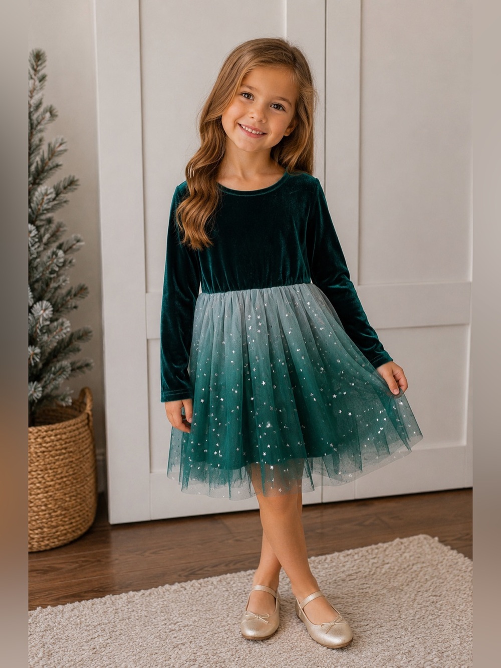 Girl’s Dress in Emerald Green Velvet & Tulle Stars Small